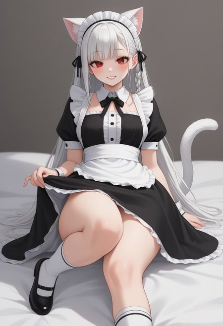 1girl, anime, Whirte hair, braid on the side hair, bangs, medium long hair,  White cat ears, Fluff in ears,  white cat tail,  white skin, small boobs, wide hips, maid outfit , ankle socks, red eyes, semi close eyes , smile, lipstick , blush easynegative,ng_deepnegative_v1_75t