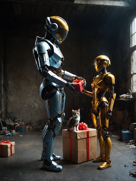 pair of robots, 2 persons, man and women,  scifi post-apocalyptic theme, giant man robot in dark grey outfit with scratches and dents, shabby, gives a kitten as a gift, giving a gift, small cat in woman's hands , robot is handing a cat to a another,  peting a cat, valentine, valentine day, love, woman robot in yellow metall flake outfit with helmet and dark visor, glittering, futuristic golden, cyborg, 
<lora:Allisfulloflove1024:0.0> <lora:d\EnvyZoomSliderXL01:-2> <lora:MidjourneyV6.1:0.2> <lora:Mechanism-pdxl-1:0.4> <lora:add-detail-xl:0.5> <lora:SDXL_dark:0.3> <lora:S1_Dramatic_Lighting_v3:0.3> <lora:Realism_Lora_By_Stable_yogi_SDXL8.1:0.9>