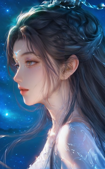 score_9,score_8_up,score_7_up,
<lora:luxueqi2486Pony:1>,
luxueqi,appearance,1girl,solo,side profile,enchanting eyes gazing at the stars,long hair tousled by the wind,gentle lips,high-bridged nose,soft yet shimmering eyeshadow,starry night sky background with twinkling stars,ethereal beauty,flowing hair,serene expression,upper body,romantic atmosphere,delicate features,night scene,captivating gaze,dreamy ambiance,