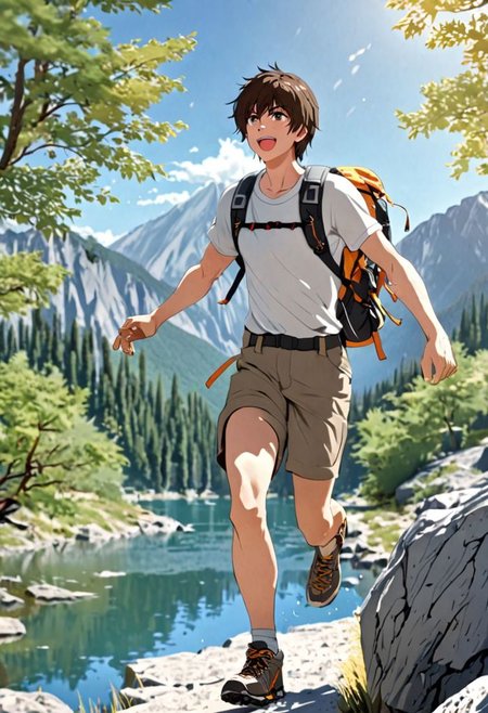 Highres, Masterpiece, High Quality, 4K, 8K, solo, 1Boy, Seiya Kanie, short dark brown hair, golden eyes, hiking gear, mountains, lakes, hiking trails, hot sun, hot weather, cool breeze, excited, stepping, happy, amazed, sweat drops, trees, rocks, easynegative, detailed_eye_model