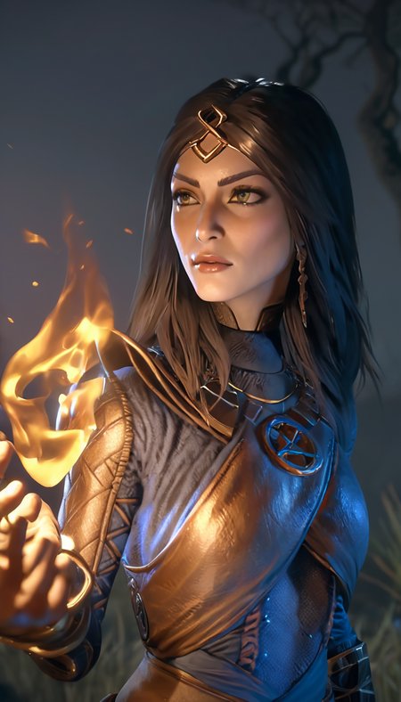Cinematic scene, hero view, d4s sorceress, action pose, detailed background, masterpiece, best quality, high quality, absurdres <lora:diablo_4_sorceress_v0.0.2:1>, Photorealistic, Hyperrealistic, Hyperdetailed, analog style, detailed skin, matte skin, soft lighting, subsurface scattering, realistic, heavy shadow, masterpiece, best quality, ultra realistic, 8k, golden ratio, Intricate, High Detail, film photography, soft focus