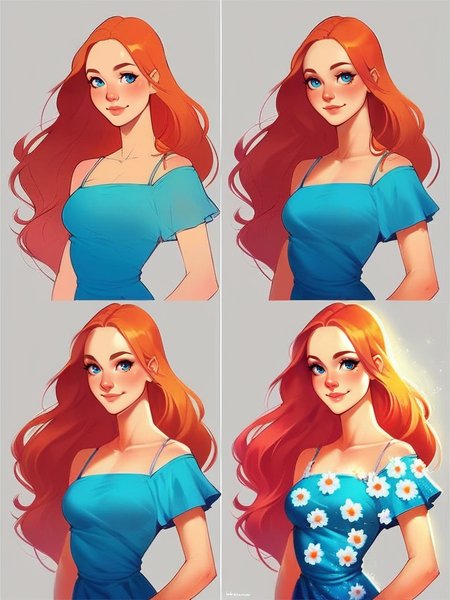 score_9, score_8_up, score_7_up, score_6_up, 1girl, hands on hips, cute pose, shy, sexy, dynamic pose, smile, portrait, dress, blue eyes, long hair, flowers around,
 <lora:StepbyStepColor_concept:0.8>, StepbyStepColor, simple background, coloring, sketch, color guide, multiple views, flat color,