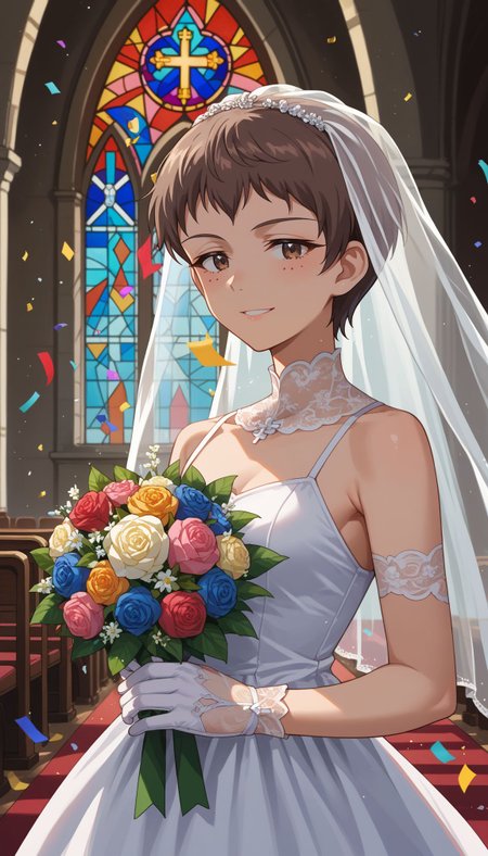 score_9, score_8_up, score_7_up, source_anime, ,
 <lora:Naomi:1> 1girl, naomi (girls und panzer), brown hair, brown eyes, freckles, very short hair, indoors, church, stained glass, whie veil, laced gloves, upper body, close portrait church, holding bouquet, (confetti:1.1), smile, white dress, wedding dress, church, holding bouquet, (confetti:1.1)