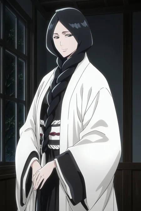 anime screencap, anime coloring, detailed face, masterpiece, best quality, very aesthetic, absurdres, volumetric lighting, official style, amazing quality, ultra detailed,  highres, amazing quality, scenery, beautiful detailed hair, beautiful detailed eyes, defined fingers,
 <lora:Retsu_Unohana_Bleach_Thousand-Year_Blood_War:1>
Retsu braided hair (appearance), Retsu Unohana (character), 1girl, solo, black hair, braid, looking at viewer, black eyes, indoors, window, single braid, hair over shoulder, long hair, closed mouth, cowboy shot, smile