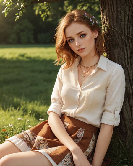 superbloom scenery, 24yo attractive irish redhead, (striking eyes with full limbal ring visible, piercing gaze with prominent limbal rings, large expressive eyes with sharp limbal rings, intense wide eyed stare at viewer:1.4), wide cinematic establishing shot seductive young woman sitting having picnic under tree, (bra strap, cleavage,  young adult irish redhead:1.25), (style of Alessio Albi:1.4), Realist Portraiture, Soft Lighting, Emotional Depth, Simple Compositions, (Layered Depth, Soft focus foreground, Painted Scenery:1.1), alluring feminine physique, short backlit hair, perfect face, thin upper lip, pouting lower lip, thin brows, small upturned nose, bow-shaped lips, Raised Eyebrows, Focused Gaze, eager expression, quaint farm setting, (relaxed country woman), (tight unbuttoned shirt, thin material), subsurface scattering, classic cotton, soft pastel, intricate embroidery collar cuffs, rolled-up sleeves revealing sun-kissed forearms BREAK (blanket:1.15), rich textures, patchwork design, vibrant colors, detailed stitching, homely aesthetic (skirt), elegant rustic charm, subtle floral pattern, linen, sways breeze BREAK ((wildflower wreath)), crown delicate chain necklace, small, intricate pendant, heart-shaped with floral theme, glowing subtly in the soft light, ethereal quality, [lens flare glinting], (mischievous yet content expression), lush green fields in the background, (soft, sunlit ambiance), simple leather boots, carefree hair  <lora:kodak_ultramax_400:0.8> golden hour, soft golden light, pastel sky, relaxed posture, natural smile, earthy colors, candid moment, trees and flowers in background, leading lines, depth of field, slightly off-center framing, warm tones, cinematic look, natural setting, editorial style, soft textures, subtle lighting, peaceful mood