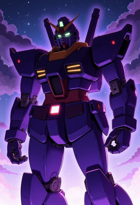 gundam dynames, gundam,violet, Gunmetal color, Fluorescent purple, anime, Giant Robot, fluid, Junmin, Mob-like, mass production, Super robot full body image, Fighting with the enemy, Simple Background,universe,