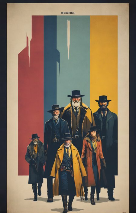 Bauhaus-Style Poster, (The Hateful Eight film style), Post-Apocalyptic aesthetics, pastel colors, stunning background. dark and moody, a mesmerizing blend of light and shadow. masterpiece, absurdres, intricate details <lora:The Hateful Eight film style:0.46>, simple geometric shapes, clean lines, primary colors, Bauhaus-Style Poster