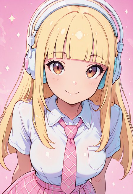 masterpiece, best quality, solo, curvy, beautiful eyes, narrow waist, wide hips, 1girl, solo, smile, looking at viewer, foreshortening, close up,  anime screenshot,    zzPearlCitron, brown eyes, blonde hair, long hair, straight hair, blunt bangs,   white headphones, pink necktie, collard shirt, white shirt, plaid skirt, pink skirt, shirt tucked in,   ,<lora:PearlRakuCitronOC_IXL:1.0>,  , solo, looking at viewer, smile, k4w4iim1r41, cute outfit, pastel, <lora:KawaiiMirai_IXL:1.0>,
