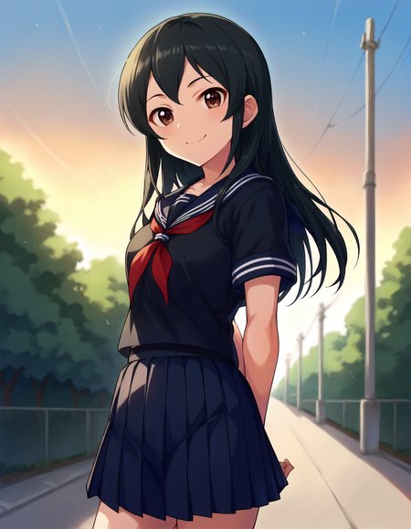 score_9,score_8_up,score_7_up,1girl,solo,cowboy shot,looking at viewer,smile,arms behind back,outdoors,
<lora:ooishiizumi_ponyXLV6:0.8>,cgoi,
black hair,long hair,brown eyes,
black serafuku,red neckerchief,black pleated skirt