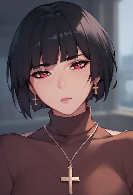 score_9,score_8_up,score_7_up, 1girl, solo, short hair, black hair, jewelry, looking at viewer, necklace, cross, portrait, bangs, red eyes, closed mouth, turtleneck, blurry background, cross necklace, lips, piercing, blurry, bob cut, eyelashes
