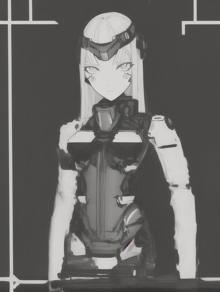 cyborg girl portrait, dim light, ((heavy black and white)), <lora:Blame!:1>