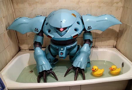 score_9, score_8_up, score_7_up, source_anime, front view, BREAK, ( hygogg, blue_hygogg_armor, pink monoeye, looking at viewer, leaning forward, long arms, hands on edge of tub, long claws) 1mech, wide mech, large shoulders, large shoulder armor, mech focus, solo, BREAK, bathroom, hygogg in bathtub, in water, half submerged, rubber ducks,