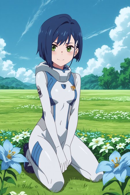 ichigo,1girl,solo,short hair,bodysuit,pilot suit,white_bodysuit,gloves,,hair ornament,hairclip,looking at viewer,light_smile,kneeling BREAK outdoors,blue sky,cloudy_sky,blue flower,flower field  <lora:Ichigo_-_Darling_in_the_franxx.safetensors:0.8> <lora:detailed_backgrounds_v2.safetensors:0.5>