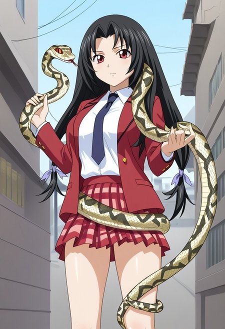 score_9, score_8_up, score_7_up, BREAK source_anime, masterpiece, anime screencap, shiny skin, 
1girl, solo, kaku bunwa, long hair, black hair, twintails, red eyes, large breasts, hair ribbon,  <lora:kaku_pony-000006:1>
school uniform, white shirt, red blazer, dark blue necktie, red skirt, plaid skirt, socks, loafer, sn4k3, snake, snake on shoulders, upper body