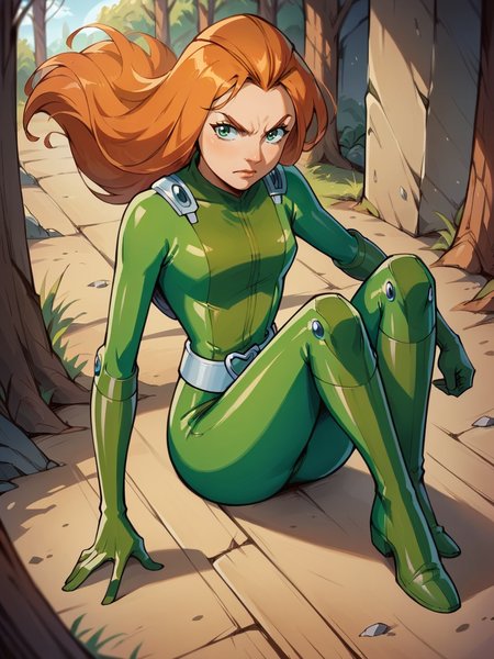 score_9, score_8_up, score_7_up, score_6_up, score_5_up,   <lora:SamTSXLP:1> samts, 1girl, long hair, solo, green eyes, orange hair, green bodysuit, belt, full body,