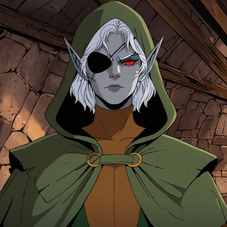 masterpiece, best quality, newest, absurdres, highres, 
X-1990STV1.0, 
1boy, pale, pale skin, grey skin, hood, hooded cape, rogue, assasin, dark elf, pointy ears, eyepatch,