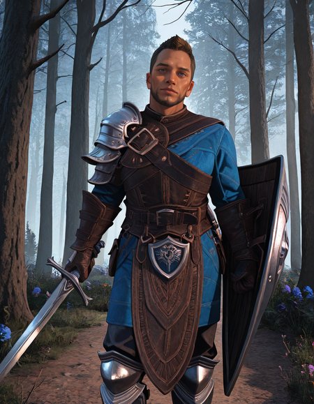 masterpiece, best quality, absurdres, newest, perfect quality, best quality, absolutely eye-catching, detailed background, intricate details, male focus, solo, realistic, <lora:Dragon Age Veilguard - Warden Tomasz - Illustrious_2-000004:0.8>, wtomasz, short hair, dark blonde hair, 1boy, mature male, blue eyes, looking at viewer, head tilt, no mustache, single pauldron, leather tunic, leather gauntlets, chest belt, leather belt, leather pants, armored knee boots, outdoors, forest, trees, flowers, holding sword, holding shield, head tilt, looking at viewer, contrapposto