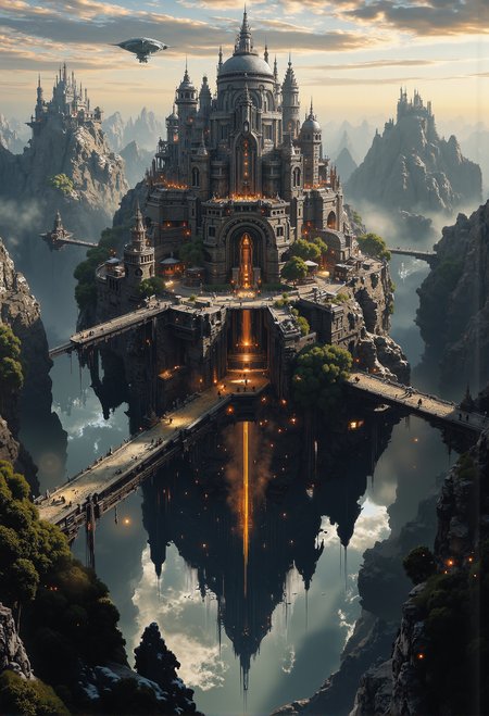 giant ancient castle standing on stilts on a small island in a mountain lake, giant, majestic, secret villain base. warm orange light inside, airplane runway, helicopter landing pad, rocket launch pad dark dusk-time, bright orange sun_ray falling on mansion wall, huge bridges, BREAK, BEST QUALITY, MASTERPIECE, HIGHLY_DETAILED, HIGH_RES, 4K, 8K, RAW, SHARP FOCUS, INTRICATE DETAILS, nttw style, midjourneyv6.1 aidmaHyperrealism aidmaDarkfantasy <lora:aidmaImageUpgrader-FLUX-V0.2.safetensors:0.66>,  <lora:aidmaMJ6.1-FLUX-V0.1.safetensors:0.5>,  <lora:artisketchyfs-v02.safetensors:0.75>,  <lora:The_Dark_Side_Of_The_Future.safetensors:0.33>,  <lora:NotTheRealWorld-v55-000010.safetensors:1.0>,
