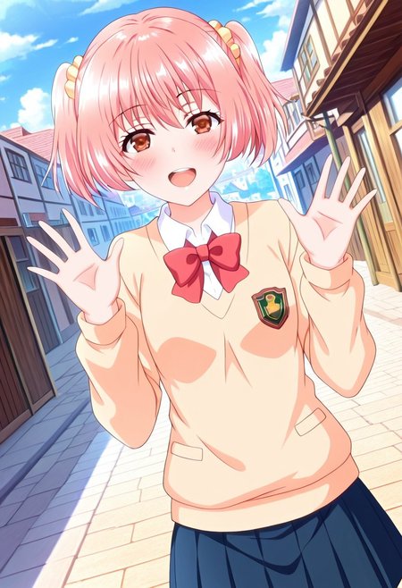 general,highres, ultra-detailed,very aesthetic,best quality ,best hands,best eyes,easynegative,
dynamic anglre, dutch angle, anime cloring,
1girl solo,looking at viewer,town,outdoors,smile,open mouth,waving hand,
Rino Tokitou,pink hair,short twintails,brown eyes,school uniform,