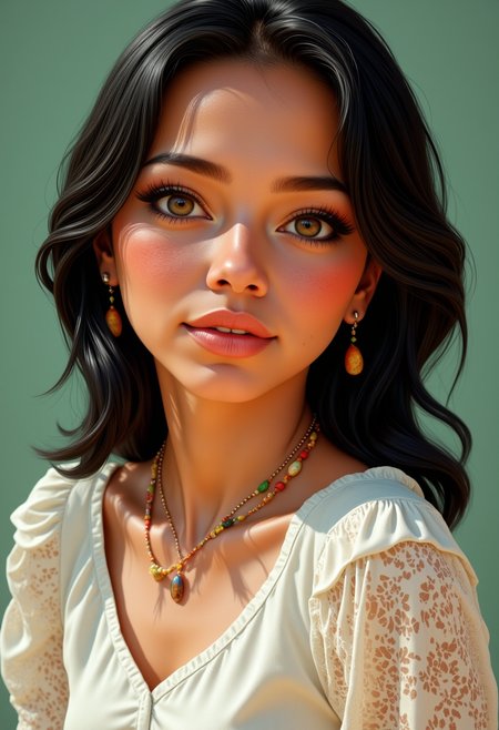 She is approximately 18 years old. Hyperrealism, she is looking at the camera, (dynamic angles), profile headshots of a beautiful, stunning unique female character.  she has dark hair. her eyes are filled with joy and excitement, extravagant eyelashes. a photo of Pocahont@s,image is rendered in a 3D style with a cartoonish appearance, she is wearing a white frilly shirt, and a necklace. The woman is posing confidently. simple sage green colored background. She has a slight smile on her face and is looking directly at the camera. making this image a masterpiece of photography and digital art. realistic. making this image a masterpiece of photography and digital art. Style: realistic hyper-detailed rendering, 32k UHD, expressive eyes, punk, graphic design, girl's face, pretty and cute, gleaming lips, telling a tale of adventure. Exuding confidence and serenity. The overall mood of the image is happy and relaxed,detailed skin texture,(blush:0.2),(goosebumps:0.3),subsurface scattering,whimsical,Detailed hand, Perfect hand. Perfection style.