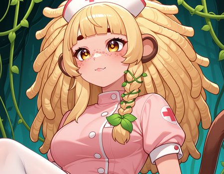 1girl, solo, <lora:BananaJuju_v2:0.8> bananajuju, long hair, dreadlocks, symbol in eye, side braid, blunt bangs, vines, freckles, monkey ears, monkey tail, skin fang, blunt bangs, blonde hair, medium breasts,
nurse, nurse outfit, pink dress, white pantyhose, pink shoes, nurse cap, (upper body shot), detailed face, located in a horrifying scene at a dilapidated foggy moor during stormy night with eerie calm weather, illuminated by moonlight casting shadows, creating a ominous,suspenseful atmosphere