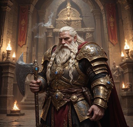 Create a detailed and immersive portrait of a mighty dwarven king standing proudly in his grand hall. The king exudes strength, wisdom, and leadership, his imposing figure clad in intricately crafted armor that blends form and function with an artistic flair. The armor is predominantly gold and crimson, with ornate engravings of runes and mythical creatures such as dragons and gryphons. The chest plate features a lion's head emblem, symbolizing courage and power, while the pauldrons are adorned with gleaming gemstones that shimmer under the warm glow of torchlight. The king's facial expression is one of quiet authority, with piercing, steely eyes framed by a deeply lined, weathered face that speaks of countless battles fought and hard-earned victories. His long, braided white beard flows down his chest, complementing his equally long and well-groomed hair. His beard is adorned with golden clasps engraved with runes, signifying his royal lineage and the wisdom of his ancestors. In his right hand, the king wields a magnificent two-headed war axe, its design a masterpiece of dwarven craftsmanship. The axe features a polished steel blade with intricate carvings that glow faintly with magical energy, hinting at its enchanted nature. The handle is wrapped in fine leather, providing a sturdy grip, and is capped with a brilliant blue gemstone embedded in the hilt, pulsing with a mystical aura. The background is a grand dwarven hall, bathed in the warm, golden light of numerous torches and a central brazier. The stone walls are carved with intricate patterns and murals depicting legendary battles and the heritage of the dwarven people. Massive stone columns rise to support the vaulted ceiling, each adorned with banners in the royal colors of red and gold. Behind the king, a majestic throne of stone and gold sits atop a raised platform, flanked by banners and lit by flickering sconces. The lighting of the scene is dramatic, highlighting the metallic gleam of the armor and axe while casting deep shadows that add depth and gravitas to the setting. Subtle reflections dance across the polished surfaces of the armor and gemstones, creating a dynamic interplay between light and shadow. The composition emphasizes the king’s commanding presence, with the perspective slightly below eye level, making him appear even more imposing. His left hand rests firmly on the hilt of the axe, while his posture is upright and resolute, embodying the unyielding strength of his people. Around him, the air seems heavy with the weight of his responsibility, yet there is also a sense of pride and honor that radiates from his demeanor. Subtle details enrich the scene: the faint smoke rising from the brazier, the soft hum of magic emanating from the axe, and the delicate engravings on the throne and armor. This is a moment frozen in time, capturing the essence of a ruler who is both warrior and leader, a protector of his people and a symbol of their unshakable resolve.