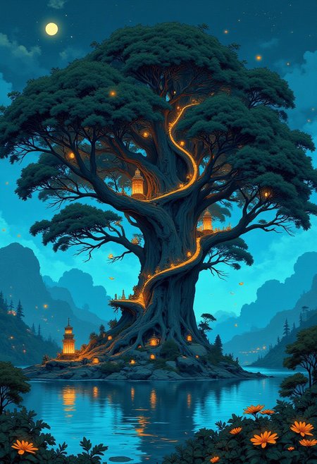 A Giant Tree Harboring an Entire Civilisation. A fantastical depiction of a colossal tree whose sprawling canopy houses an intricate city glowing with bioluminescent lights. The trunk is carved with spiraling pathways leading to hidden markets and lush gardens. Floating lanterns drift gently upward, their golden glow illuminating the ethereal blue mist surrounding the roots. The sky above is painted with an eternal twilight, dotted with luminous creatures that flit among the leaves. Themes of coexistence, nature’s grandeur, and magical ingenuity are explored.