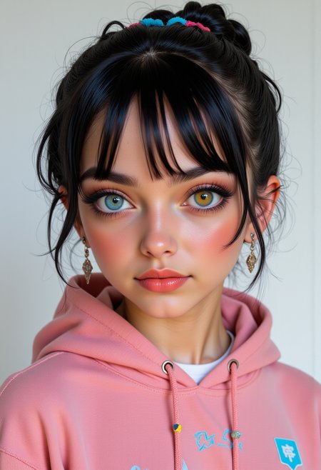 She is approximately 18 years old, she is smiling, Profile headshots, dynamic angles, she is looking at the camera, multiple angles,looking at camera, photoshoot poses;  she is standing. a photo of R@in, a young woman, with black hair. her right eye is yellow, her left eye is blue, and is wearing earrings., jewelry. retro50s_style, she is wearing a pink hoodie and a white shirt, She has a slight smile on her face and is looking directly at the camera. making this image a masterpiece of photography and digital art. realistic. making this image a masterpiece of photography and digital art. Style: realistic hyper-detailed rendering, 32k UHD, expressive eyes, punk, graphic design, girl's face, pretty and cute, gleaming lips, telling a tale of adventure. Exuding confidence and serenity. The overall mood of the image is happy and relaxed,detailed skin texture,(blush:0.2),(goosebumps:0.3),subsurface scattering,whimsical,Detailed hand, Perfect hand. Perfection style.,Niji style