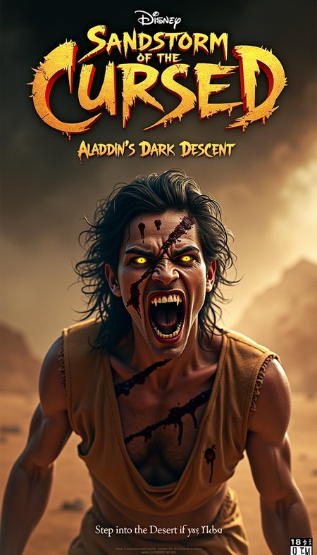 A photorealistic horror movie poster with the printed title: ["Sandstorm of the Cursed: Aladdin's Dark Descent"
In the foreground, a terrifying and altered version of Aladdin is shown, his eyes glowing an unnatural yellow and his teeth sharpened into fangs. His skin is covered in sand and grit, with deep cuts and gashes revealing patches of bloody flesh. His once-pristine prince's clothing is now tattered and dirty, stained with blood and dust.
The background displays a swirling sandstorm, blotting out the sky with an otherworldly darkness. The desert landscape is warped and twisted, filled with supernatural beings and sinister shadows.
In large, jagged letters, the new title "Sandstorm of the Cursed" is written, with the subtitle "Aladdin's Dark Descent" inscribed beneath it. The text looks like it is being consumed by the sandstorm, making it seem ominous and menacing.
Below the title, in a smaller font, the tagline "Step into the Desert if You Dare" appears and the MPAA rating of "R" is prominently displayed to make it clear that the movie is intended for mature audiences.
Even with the familiar protagonist, the overall effect of the poster is horror-stricken, filled with dread, and malevolent - an 18+ reimagining of the original movie that goes beyond the traditional.**