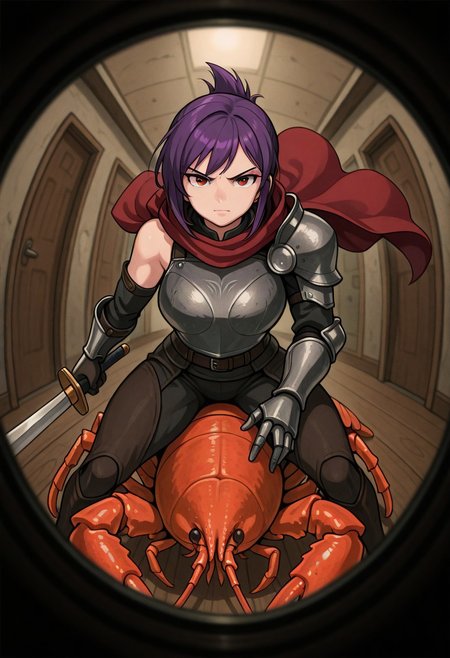 best quality, masterpiece, sfw,
n0m0, pov peephole, riding lobster, fisheye,
close-up shot, view from aside,
solo, holding sword, dynamic fighting pose,
1girl, 
sabia, human, purple hair, red eyes, folded ponytail,
armor, single shoulder armor, cape, single bare shoulder, clothed,
large breasts,  
looking at viewer, closed mouth,