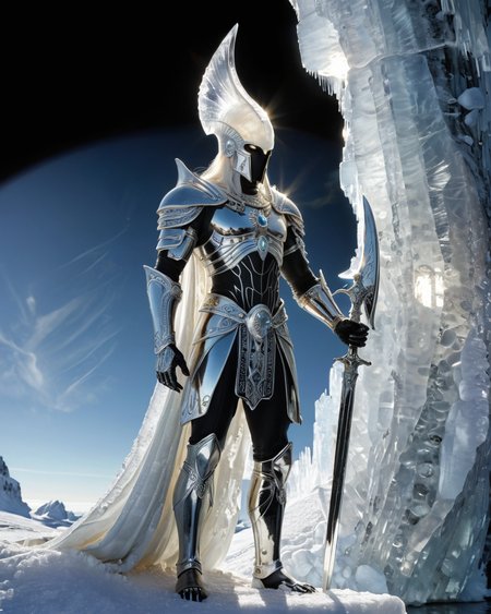 sunlight shining through gemstone of CALCITE, GERMANIC GOD, Kay Nielsen, water,  blood, reflections, transparency, chrome, frost, snow, ice, alabaster, silver, arch, alien moon, volumetric lighting, warrior, <lora:add-detail-xl:1.0>  <lora:xl_more_art-full_v1:0.5>
