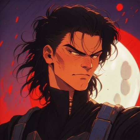 score_9, score_8_up, score_7_up, score_6_up, score_5_up, score_4_up, Madara Uchiha holding gunbai and sitting on stone casually looking arrogant evil smirk under red moon, 1 boy, male focus, solo, uchiha madara, full moon, knva, halftone effect, retro artstyle, an14, zPDXL