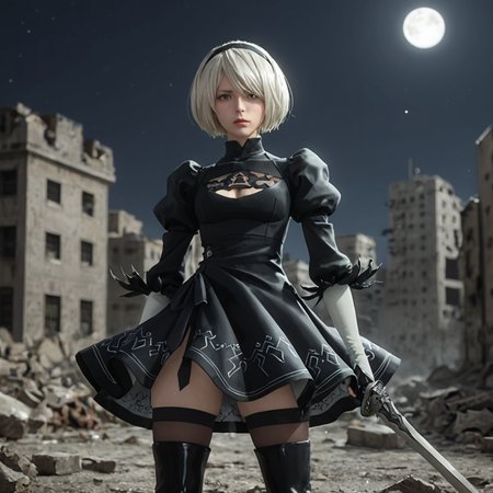 score_9,score_8_up,score_7_up, orgasm face,eyes,shiny oild skin,looking at viewer,sweat,
 yorha 2-gou b-gata, short hair, black dress, puffy sleeves, clothing cutout, long sleeves, juliet sleeves, sword, holding weapon, thighhighs,
city ruin, rubble, night, moon, 
 <lora:2B:0.75>