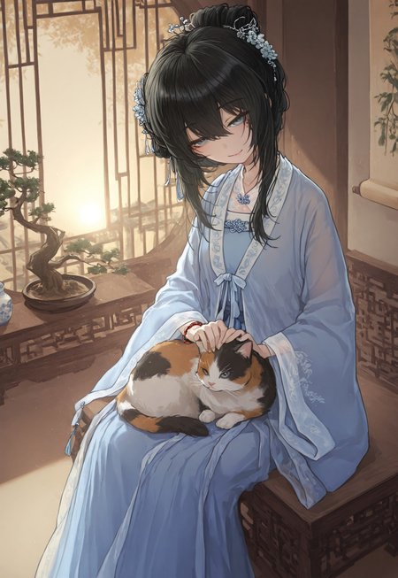 1girl, solo, hl_sui, 1girl, mature female, blue eyes, grey eyes, mole under eye, black hair, long hair, single hair bun, bangs, hair between eyes, sidelocks, chinese clothes, hanfu, blue dress, long sleeves, wide sleeves, black footwear, hair flower, hair ornament, jewelry, bracelet, see-through clothing, extreme head tilt, parted smile, half closed eyes, petting cat, calico cat on lap, sitting on chinese furniture, looking at viewer, from above, chinese architecture interior, bonsai tree, chinese furniture, relaxing, warm tone, ((sunlight through chinese lattice window)), porcelain collection, wall scroll chinese painting, dawn, morning, sunrise, 
masterpiece, best quality, very aesthetic, highly detailed, absurdres, ambient light, soft light, comiks,fgg, no lineart, flat color