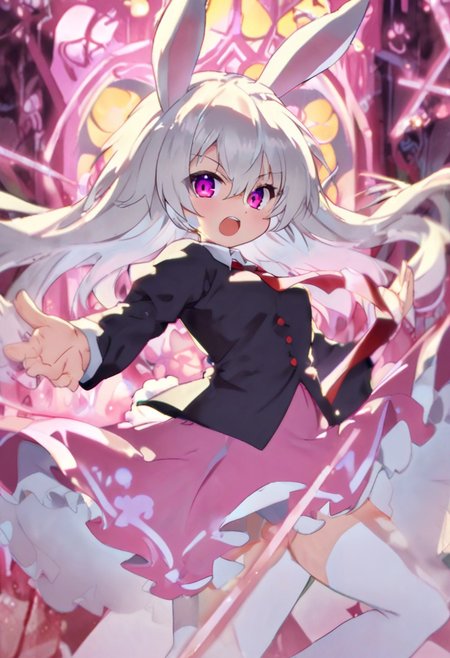 touhou, reisen udongein inaba, solo, 1girl, animal ears, breasts, finger gun, fingernails, hair between eyes, black jacket, long hair, long sleeves, medium breasts, teeth, looking at viewer,( necktie: 1.0), open mouth, purple eyes, rabbit ears, rabbit girl, rabbit tail, (skirt: 1.0), solo, tail,( thighhighs: 1.0), zettai ryouiki,( dynamic pose: 1.1), dramatic lighting,( foreshortening: 1.0), white hair,( red necktie: 1.0), pink skirt, purple light, Zankuro, masterpiece, best quality, very aesthetic, absurdres, Alphonse Mucha Style page, Tarot Card Style