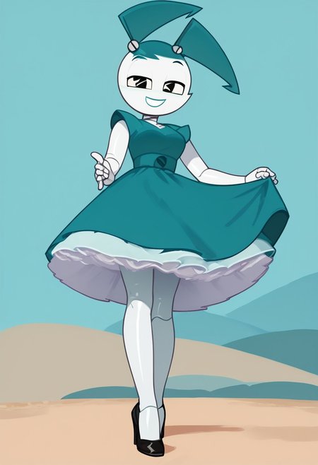 (Masterpiece, best quality:1.2), score_9, score_8_up, flat color, flat shading, soft shading, lighting, Jenny Wakeman as an adult, in a 1950's full length formal blue skirt, a white belt, button down v-neck formal black top, a fluffy frilly ruffled full white petticoat, and black high heels, dress, layered petticoat, frilly petticoat, fluffy petticoat, full petticoat, detailed petticoat ((wide skirt, detailed outfit, flowing skirt, long skirt, solid blue colored skirt, black high heels)), blue hair, series accurate, cute, best high quality, high res, robot, humanoid robot, medium breasts, whole body shot, 1girl, ((solo, outdoors, looking at you, low angle)), cute, seductive, seductive smile, half lidded eyes, low angle shot, cartoon, cartoon style, vector, solo, circle dress, 1950s, whisperfoot_style, dance dress jenny, jenny wakeman, 1girl, solo, robot joints, black eyes, white skin, ponytail, hair bow, blue rose chest corsage, poofy dress, blue hair, flat lighting