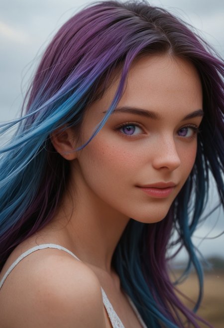 score_9_up, score_8_up, score_7_up, score_6_up, 1girl, 25 years old, perfect face, sexy, adult,
side view, detailed face, portrait, face focus, depth of field, looking at viewer, blush, shy smile, (close up),
gradient eyes, multicolored eyes, blue eyes, purple eyes,
multicolored hair, gradient hair, purple hair, blue hair, long hair,  
sky, floating hair, wind,