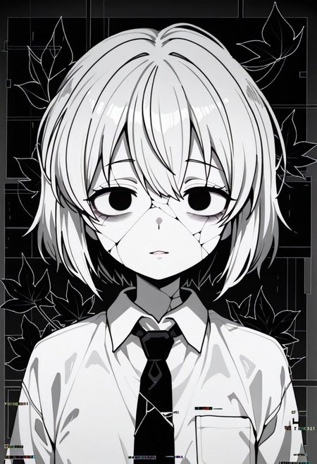 lazypos, character focused, anime girl, broken reality, glitch distortion, cracked screen, short hair, dark eyes, haunted expression, black leaves, monochrome style, ink outlines, white shirt, black tie, eerie atmosphere, digital noise, corrupted view, surreal composition, void background, horror aesthetic, glitch core, unsettling gaze, lkstyle