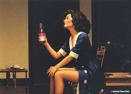 A Painting in the style of Jack Vettriano of a young woman with curly black hair, wearing a dark blue dress with white trim, sitting on a chair in a dimly lit room. She is holding a red and white soda bottle in her right hand, and her left hand is resting on her thigh. The room has a simple, minimalist design with a door on the left side and a small table with a few items on it. The lighting is soft and warm, creating a cozy atmosphere.<lora:_Flux\Jack_Vettriano V2.safetensors:1.1:1.1>