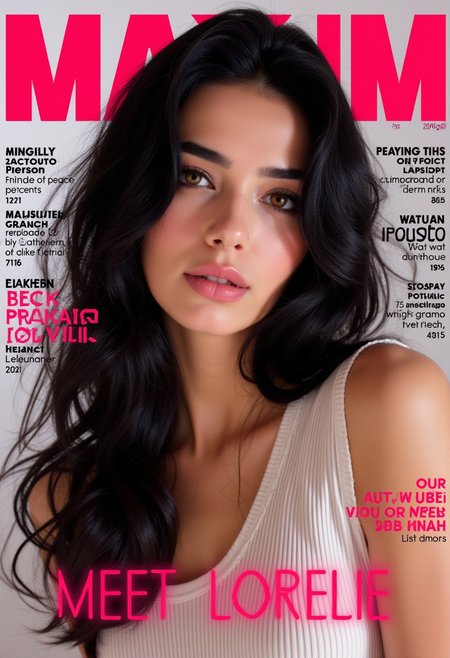 8K HD, ultra-realistic, photorealistic fashion magazine cover. Styled as a MAXIM magazine issue with sub-titles and storys. with bold red "MAXIM" text at the top. The bottom of the cover features Neon pink text that reads "MEET LORELIE". The cover showcases a beautiful young woman with dark black hair, wearing a sleeveless wide ribbed cotton dress. High detail and maximum realism in lighting, texture, and composition.
