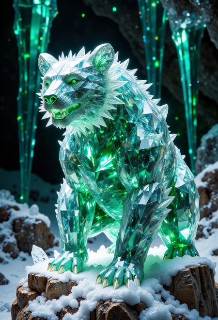 FluxEpicDragon, a crystalline bear made of cut aqua emeralds and blue diamond gemstones with subsurface scattering and light transmission, with a small head, in a beastly stance, emitting a shockwave with a loud roar distorting the air, teeth and fangs made of green emerald, monstrous and colossal, jagged gemstone fur, inside a greenish ice cavern with greenish ice stalactites