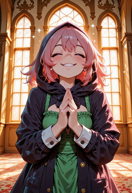 Create an illustration of a cheerful Civchan. Civchan  have a bright, radiant smile with closed eyes and small sparkles around their head. She iis wearing a dark purple hood (JILBAB) over a dark coat with white cuffs, paired with a vibrant green dress featuring ruffled details. Civchan's hands are clasped together in a prayer-like gesture, expressing gratitude or excitement. The background is a elegant great mosque of Moslem holy place, golden light to fill the space, and the walls have golden  paneling or ornate detailing with a wonderful Mosque dome. The overall mood should be warm, positive, and inviting. CLEAR BIG OVERLAY TEXT:"HAPPY EID MUBARAK! UKHTI CIVCHAN". Perfect hand, Detailed hand, Hand, aidmatextimprover