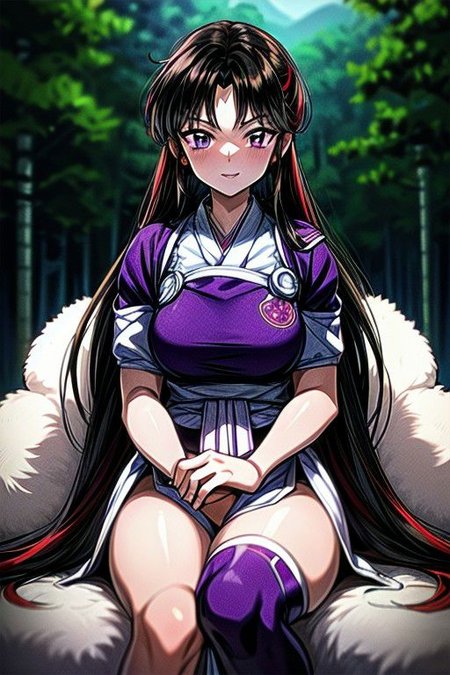 masterpiece,  best quality 1girl Setsun4 solo long hair,  (night time) forest background black hair very long hair purple eyes multicolored hair armor (fur trim) (medium body),<lora:EMS-179-EMS:0.800000>,<lora:EMS-293862-EMS:0.800000> bow, hair_bow, hair_tubes, red_bow, brown_hair, long_hair, bangs, ascot, frilled_bow, yellow_ascot, blush, smile, hair_between_eyes, athletic, armor, miko, ,(((intricate outfit,intricate clothes,embroidered outfit,ornate outfit,embroidered clothes,ornate clothes))), sitting