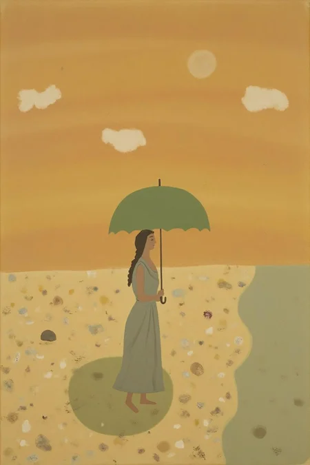 dorislee1 painting.
A solitary woman stands on a beach, holding a parasol. The background features a gradient of warm, earthy tones transitioning from deep orange to light yellow, suggesting an evening or sunrise sky with a few scattered, fluffy white clouds. The woman, rendered in silhouette, stands on a sandy beach strewn with small, scattered pieces of white and light brown objects, possibly shells or pebbles. <lora:dorislee1_cap_d6a3:1.0><lora:834813592470664899:0>