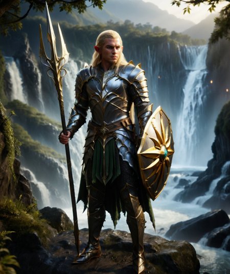 In a Fantasy Middle-earth world in the dark ages Carcharoth, a cinematic (full body shot:1.2) of a male elf warrior with pointy ears in shiny armor holding a (spear and a shield:1.1), gold ornaments and decorated armor, long blonde silk hair, elf town with waterfalls background, night, dark rim light, middle-earth, <lora:The Lord of the Rings style v2:1>, The Lord of the Rings style, (hkstyle:1.1),  <lora:detailed_hands:0.7>, hand, 8k, HDR, UHD, insane details, award-winning photo, <lora:detailed_notrigger:0.8>, <lora:XL_Weapon_Spear_and_Shield_-_By_HailoKnight:0.40>, (view from distance, wide angle:1.1), <lora:zavy-rmlght-sdxl:0.8>, zavy-rmlght