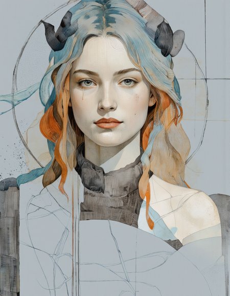. A digital illustration shoot from a portrait camera angle about a stylized portrait of a woman with abstract lines and geometric shapes surrounding her face. the image also shows a woman's face in the middle of the image, with her upper body visible. the woman appears to be a young adult, with light skin and a calm, serene expression. she is facing the viewer with her eyes looking directly at the viewer. her hair is styled in loose, wavy strands, with a mix of light blue and orange tones. her lips are slightly parted, and she is wearing minimal clothing. the background is a simple, light grey color, and the image is composed of various geometric shapes and lines in shades of blue, orange, and gray, creating a visually striking composition.