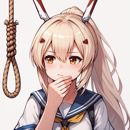 score_9,  score_7_up, BREAK,
<lora:Ayanami-ayanami_azur_lane-pony:1> ayanami_azur_lane, blonde hair, long hair, ponytail, hairpin, headgear, serafuku, 
 <lora:thinkingnoosev1:1>, thinkingnoose, noose, hand on own chin, solo, thinking, rope,