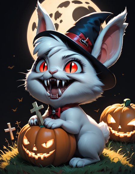 score_9, score_8_up, score_7_up, the cutest little (vampire:1.6) bunny rabbits, big fangs, grass, full moon, grave black hat, pumpkin, cross, black background, plain background