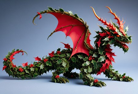 M1STL3T03, (medium full shot) of a dragon made of holly mistletoe, red eyes, dragon horns, wings, breathing fire, fiery breath, , best quality, masterpiece