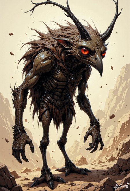 a grotesque and unsettling scene of a bizarre creature engaging in a strange and unnatural act. The creature, resembling a humanoid sparrow, stands on a barren and dusty ground, its red beady eyes fixed on something in the distance. Its body is covered in a thick, matted layer of brown feathers, with long, thin horns protruding from its head. The creature's face is long and pointed, with large, round eyes that seem to be staring into the abyss. Its arms and legs are thin and spindly, ending in sharp, claw-like fingers and toes. The creature's mouth is a small, pointed beak, and its overall appearance is one of eerie, unnatural fascination., CreeepyCuteMagic<lora:Flux/creeepycutemagic-000012 - version ER.safetensors:0.5:0.5> <lora:CustomFlux/MysticComic-v2.safetensors:0.5000000000000001:0.5000000000000001> <lora:CustomFlux/MysticFantasy.safetensors:0.15000000000000002:0.15000000000000002>